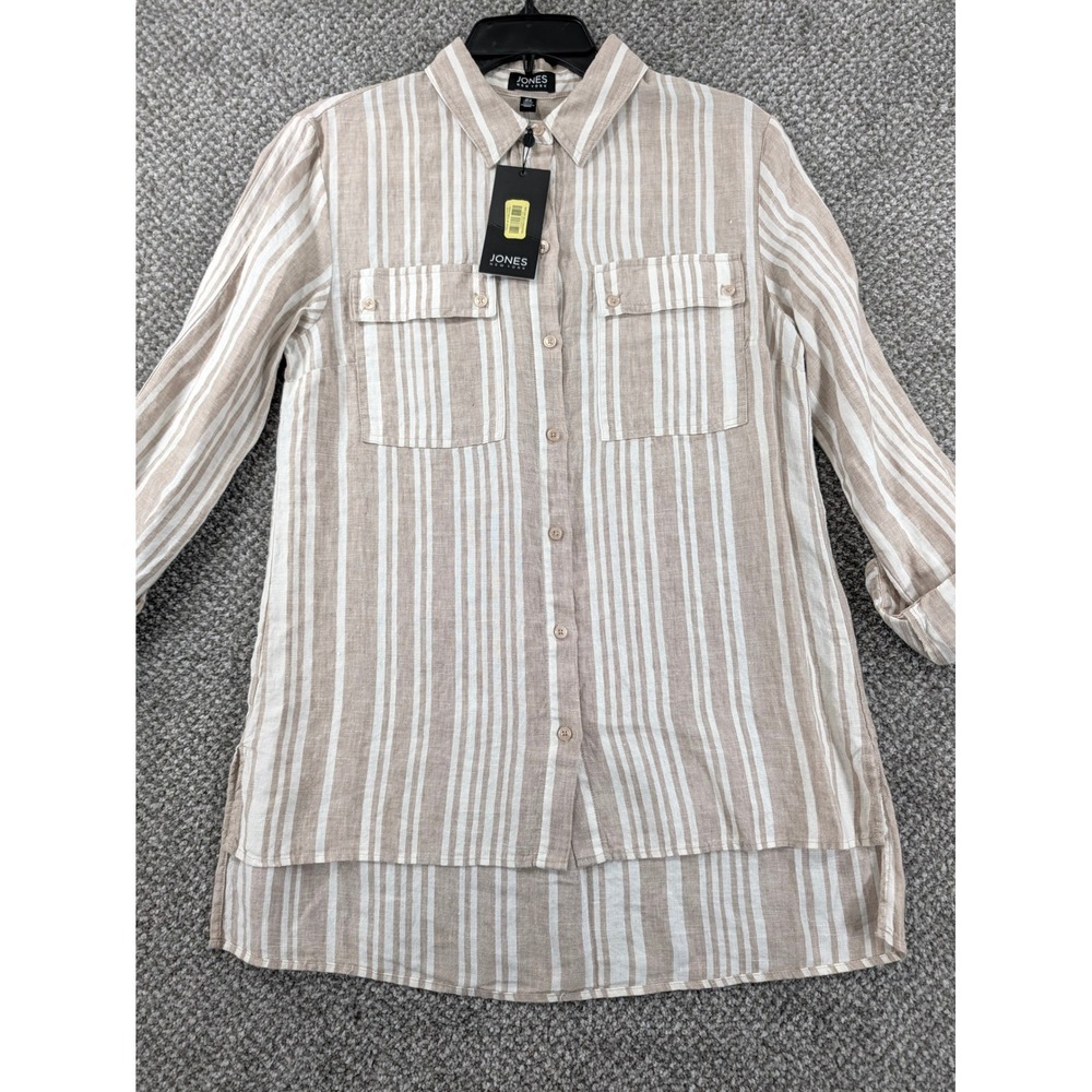 Jones New York Womens Tan White Striped 100% Linen Roll Tab Button Down Shirt S